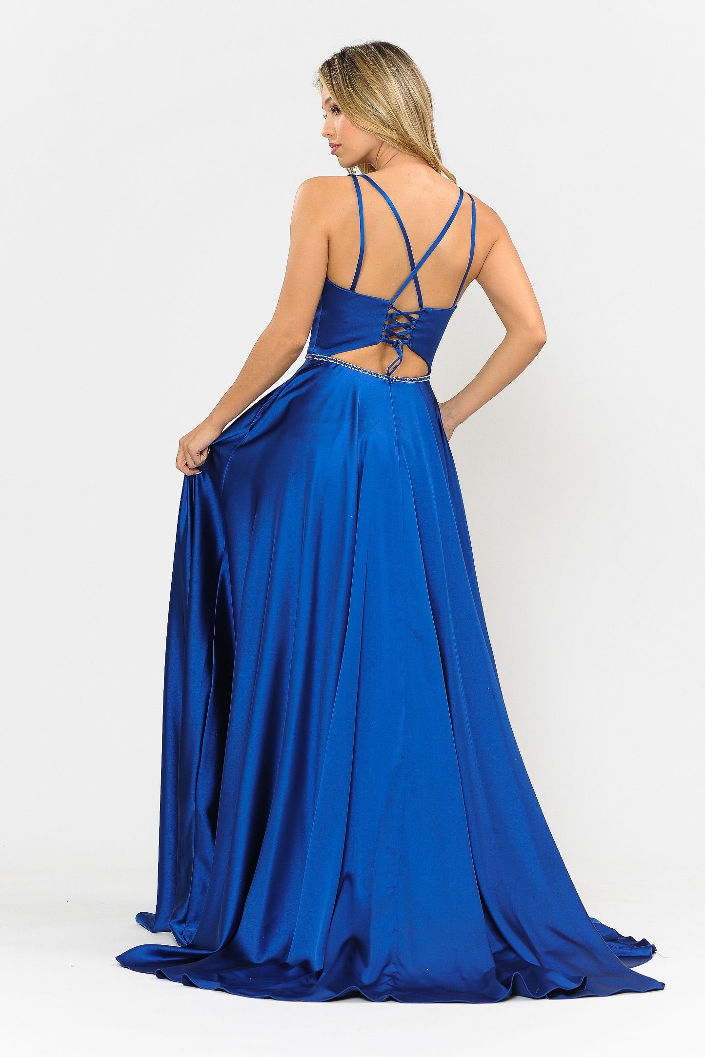 Vestido largo de satén con corte en A y espalda de corsé de Poly USA 8652