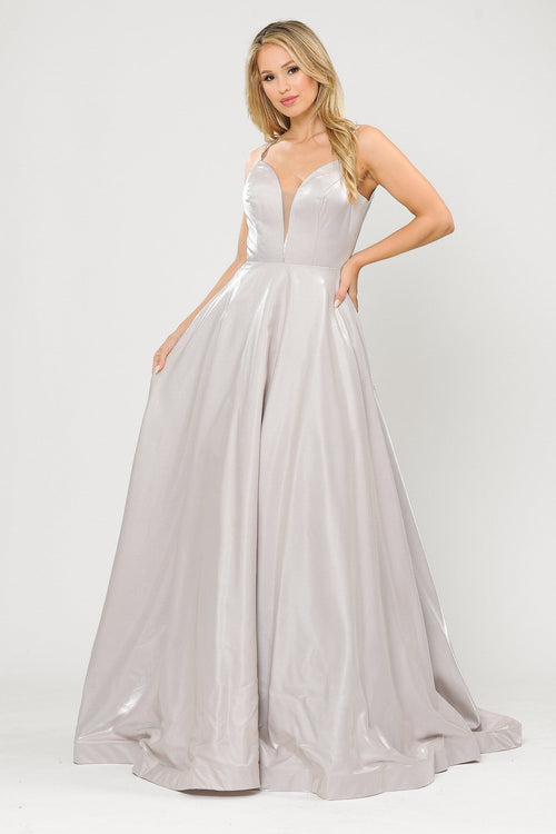 Poly USA 8644 Long A-line Satin Dress with Illusion V-Neckline