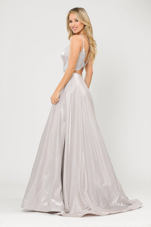 Poly USA 8644 Long A-line Satin Dress with Illusion V-Neckline