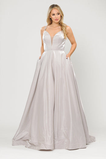 Poly USA 8644 Long A-line Satin Dress with Illusion V-Neckline