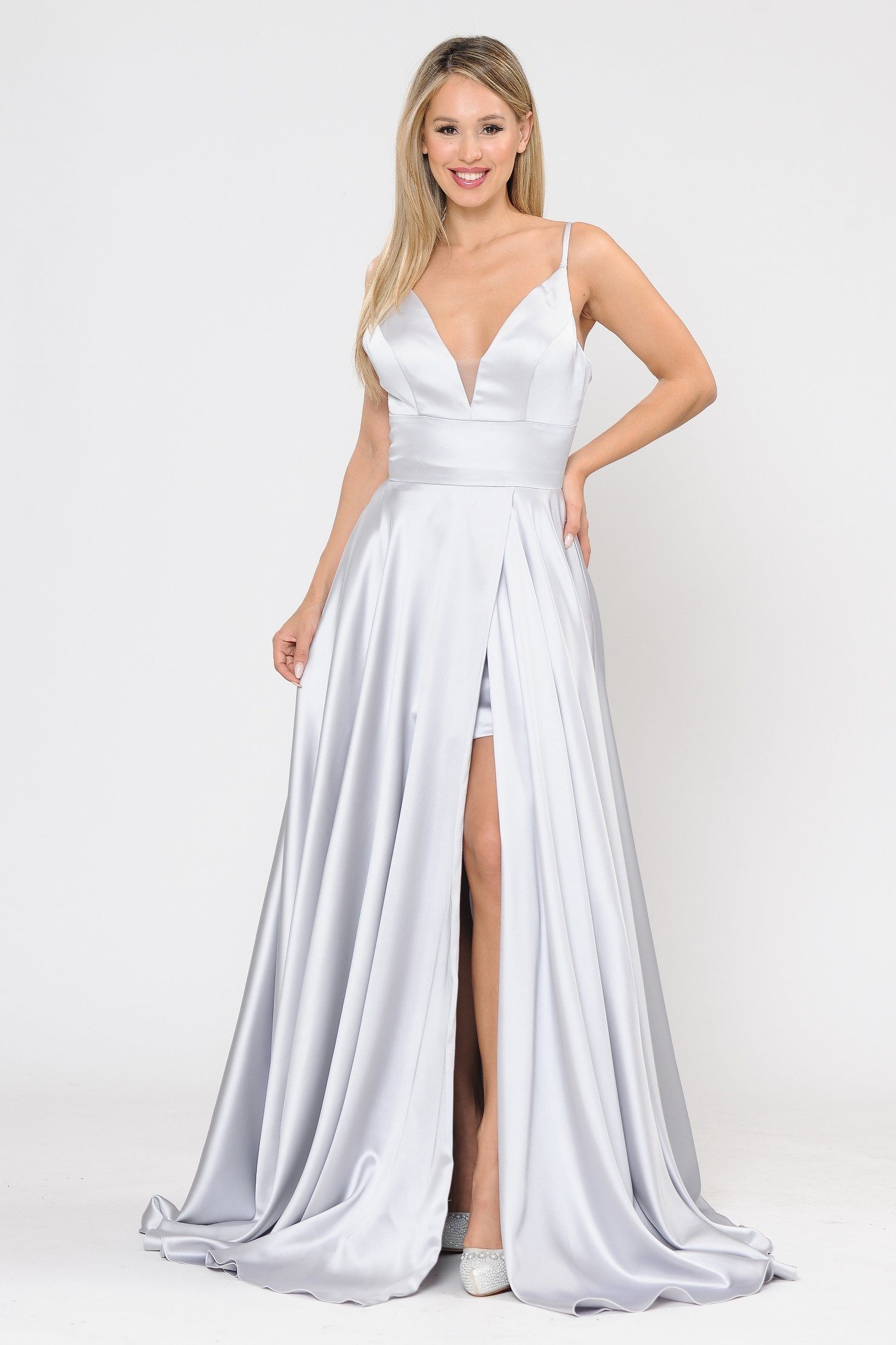 Poly USA 8606 Long A-line Satin Dress with Short Skirt