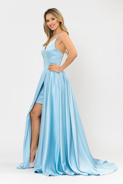 Poly USA 8606 Long A-line Satin Dress with Short Skirt