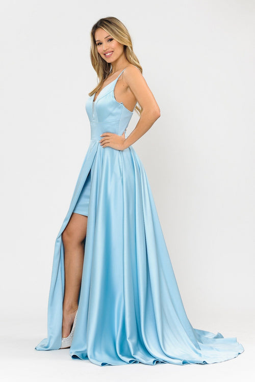 Poly USA 8606 Long A-line Satin Dress with Short Skirt
