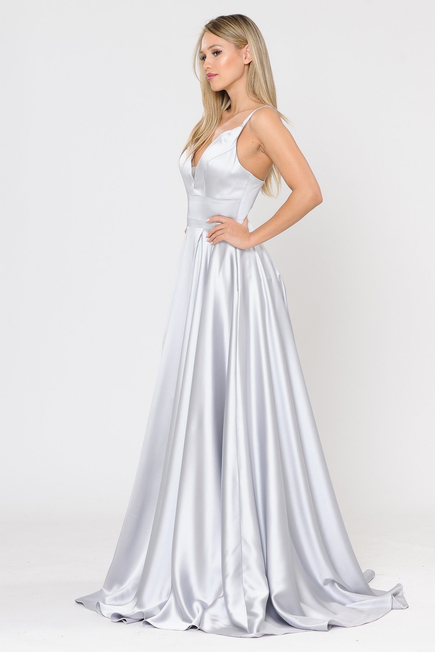 Poly USA 8606 Long A-line Satin Dress with Short Skirt