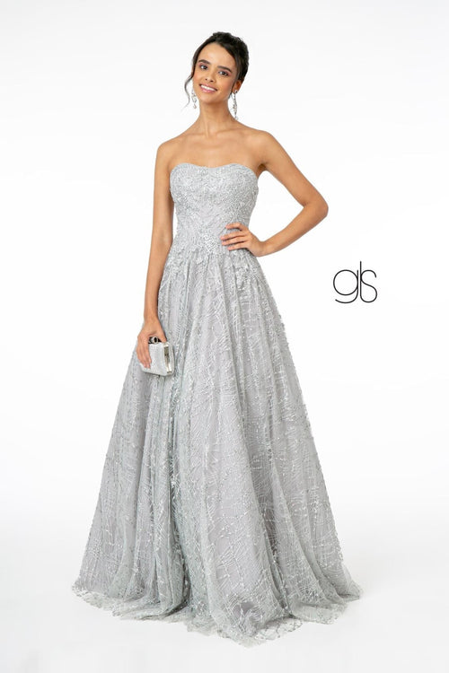 Long A-Line Strapless Glitter Dress by Elizabeth K GL2921 - XS / Silver - Long Formal Dresses