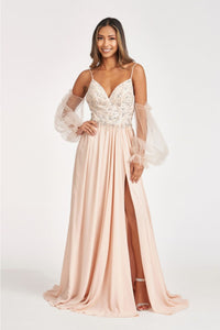 Long Beaded Bodice Chiffon Dress by Elizabeth K GL3005 - XS / Champagne - Long Formal Dresses