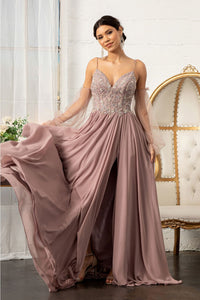 Long Beaded Bodice Chiffon Dress by Elizabeth K GL3005 - XS / Mauve - Long Formal Dresses