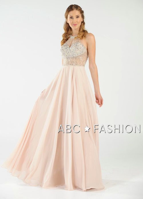 Long Beaded Halter Dress with Sheer Keyhole Bodice by Poly USA 8202-Long Formal Dresses-ABC Fashion