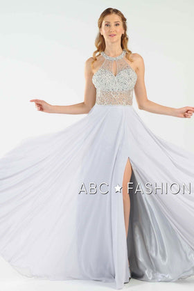 Long Halter Beaded A-Line Slit Gown By Poly USA 8202
