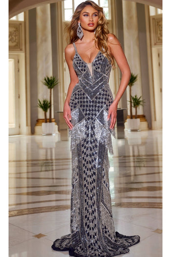 Long Black & Silver Pageant Gown: Jovani 44723 - Black/Silver / 00 - Apparel & Accessories > Clothing > Dresses