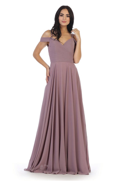 Long Bridesmaids Pleated Off Shoulder Chiffon Gown - The Dress Outlet