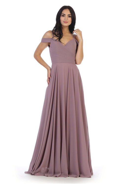 Long Bridesmaids Pleated Off Shoulder Chiffon Gown - The Dress Outlet
