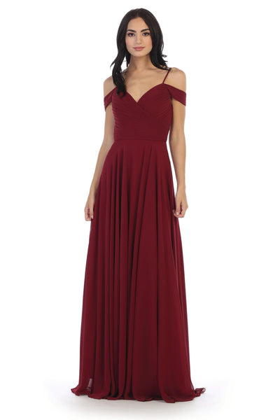 Long Bridesmaids Pleated Off Shoulder Chiffon Gown - The Dress Outlet