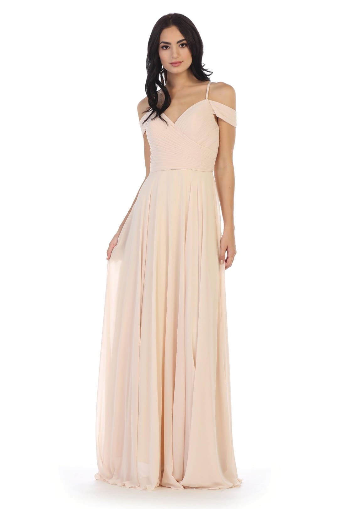 Long Bridesmaids Pleated Off Shoulder Chiffon Gown - The Dress Outlet