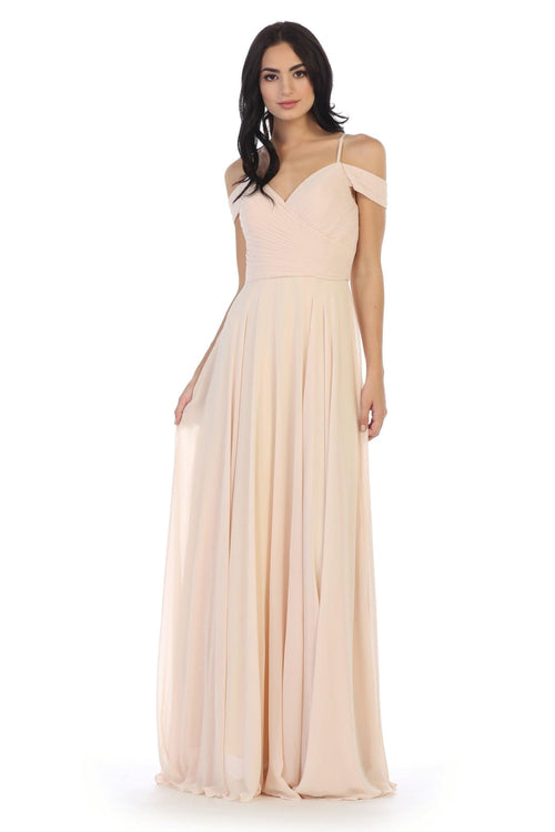 Long Bridesmaids Pleated Off Shoulder Chiffon Gown - The Dress Outlet
