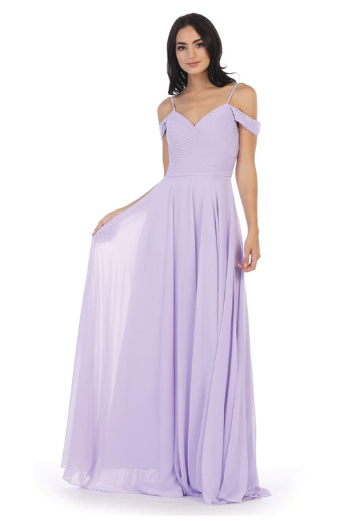 Long Bridesmaids Pleated Off Shoulder Chiffon Gown - The Dress Outlet