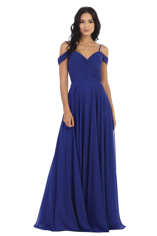 Long Bridesmaids Pleated Off Shoulder Chiffon Gown - The Dress Outlet
