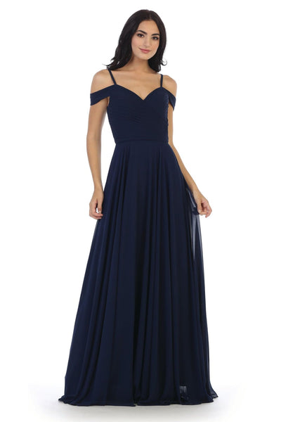 Long Bridesmaids Pleated Off Shoulder Chiffon Gown - The Dress Outlet
