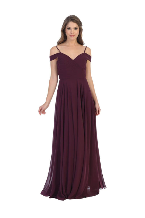 Long Bridesmaids Pleated Off Shoulder Chiffon Gown - The Dress Outlet