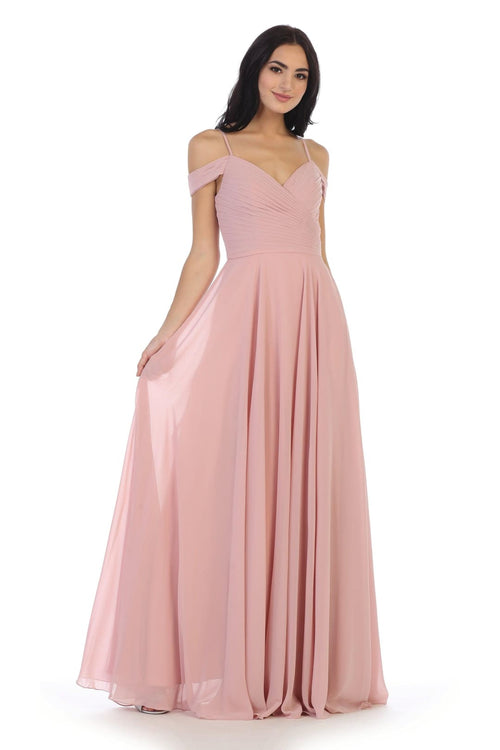 Long Bridesmaids Pleated Off Shoulder Chiffon Gown - The Dress Outlet