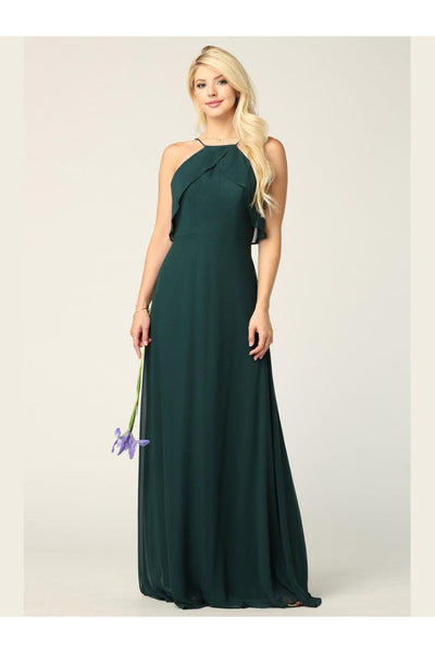 Long Bridesmaids Ruffle Halter Chiffon Dress - The Dress Outlet