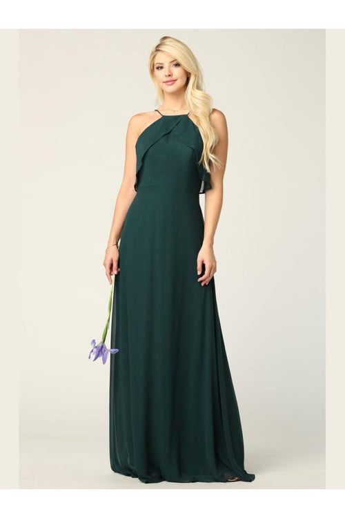 Long Bridesmaids Ruffle Halter Chiffon Dress - The Dress Outlet