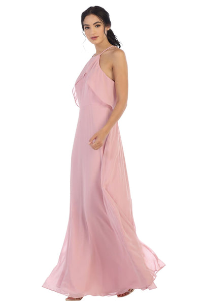 Long Bridesmaids Ruffle Halter Chiffon Dress - The Dress Outlet