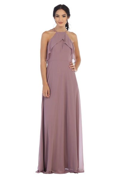 Long Bridesmaids Ruffle Halter Chiffon Dress - The Dress Outlet