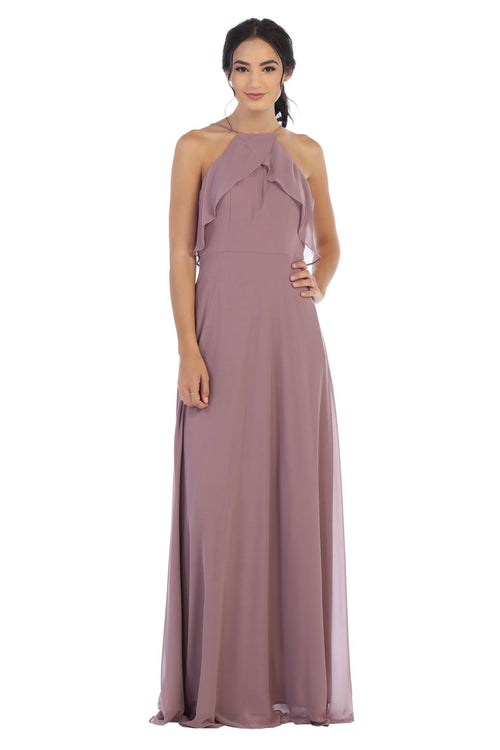 Long Bridesmaids Ruffle Halter Chiffon Dress - The Dress Outlet