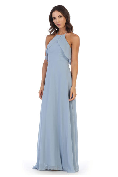 Long Bridesmaids Ruffle Halter Chiffon Dress - The Dress Outlet