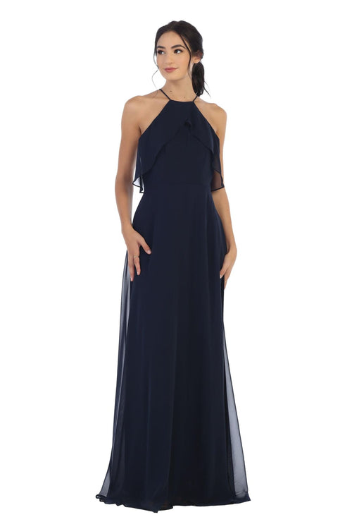 Long Bridesmaids Ruffle Halter Chiffon Dress - The Dress Outlet