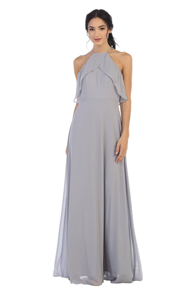 Long Bridesmaids Ruffle Halter Chiffon Dress - The Dress Outlet