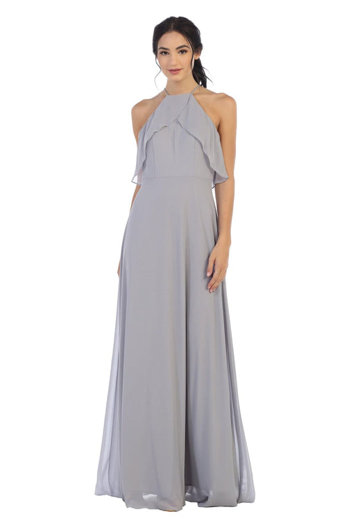 Long Bridesmaids Ruffle Halter Chiffon Dress - The Dress Outlet