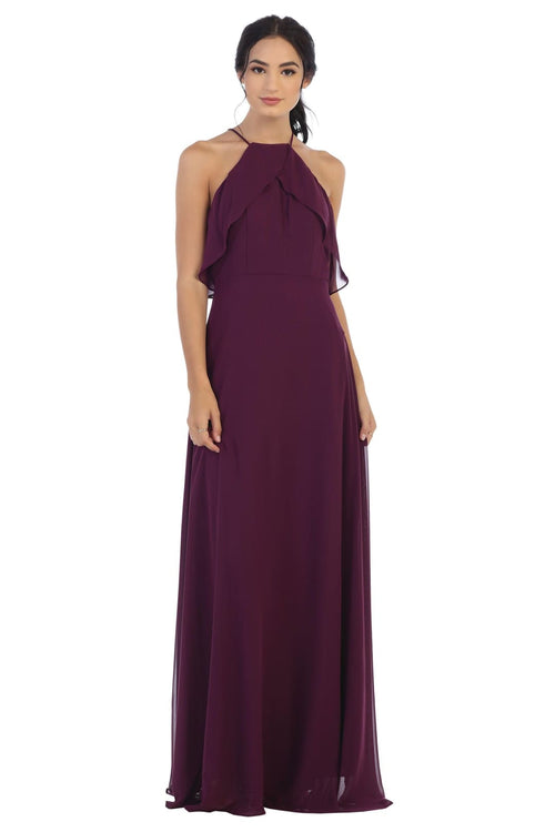 Long Bridesmaids Ruffle Halter Chiffon Dress - The Dress Outlet