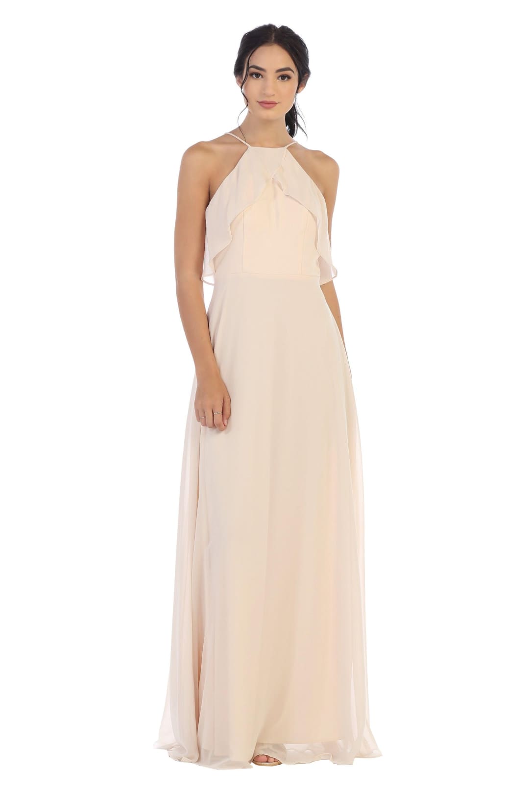 Long Bridesmaids Ruffle Halter Chiffon Dress - The Dress Outlet