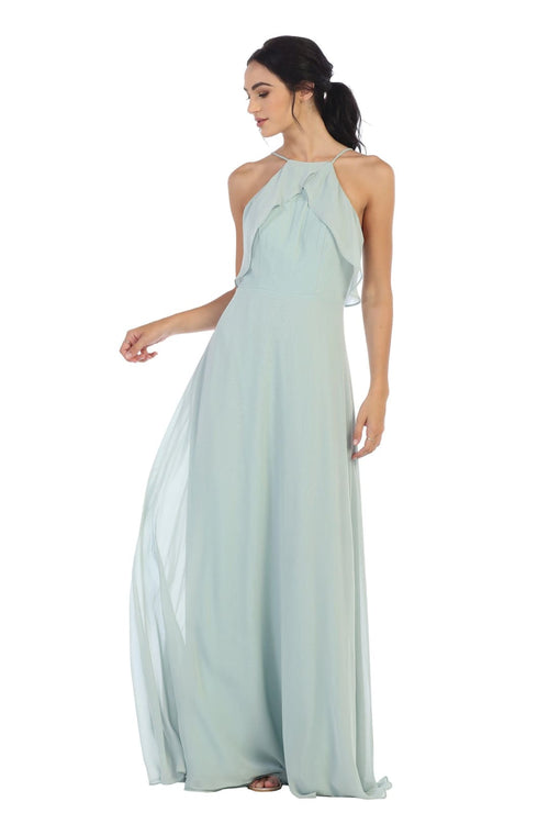 Long Bridesmaids Ruffle Halter Chiffon Dress - The Dress Outlet