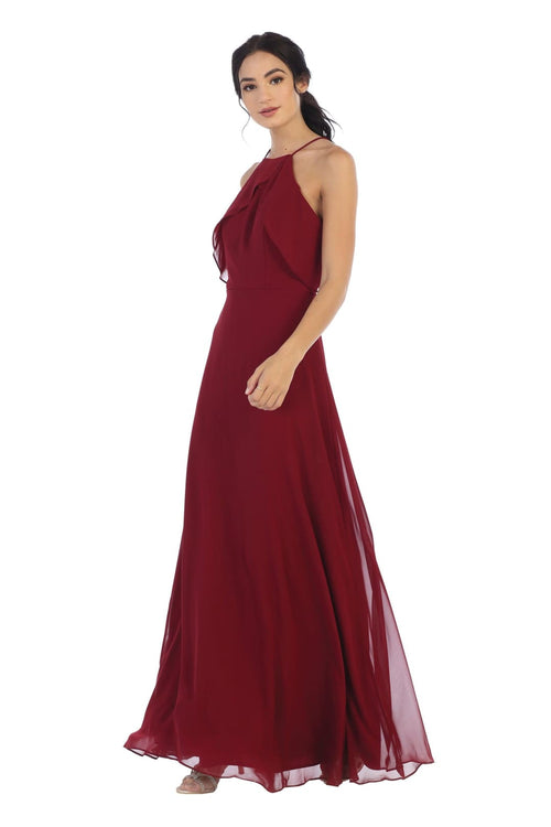 Long Bridesmaids Ruffle Halter Chiffon Dress - The Dress Outlet