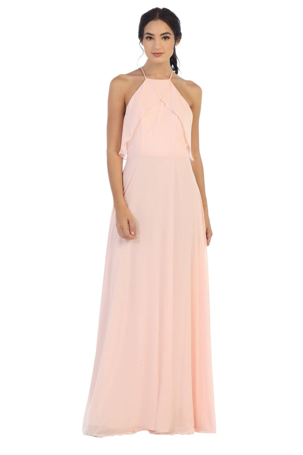 Long Bridesmaids Ruffle Halter Chiffon Dress - The Dress Outlet