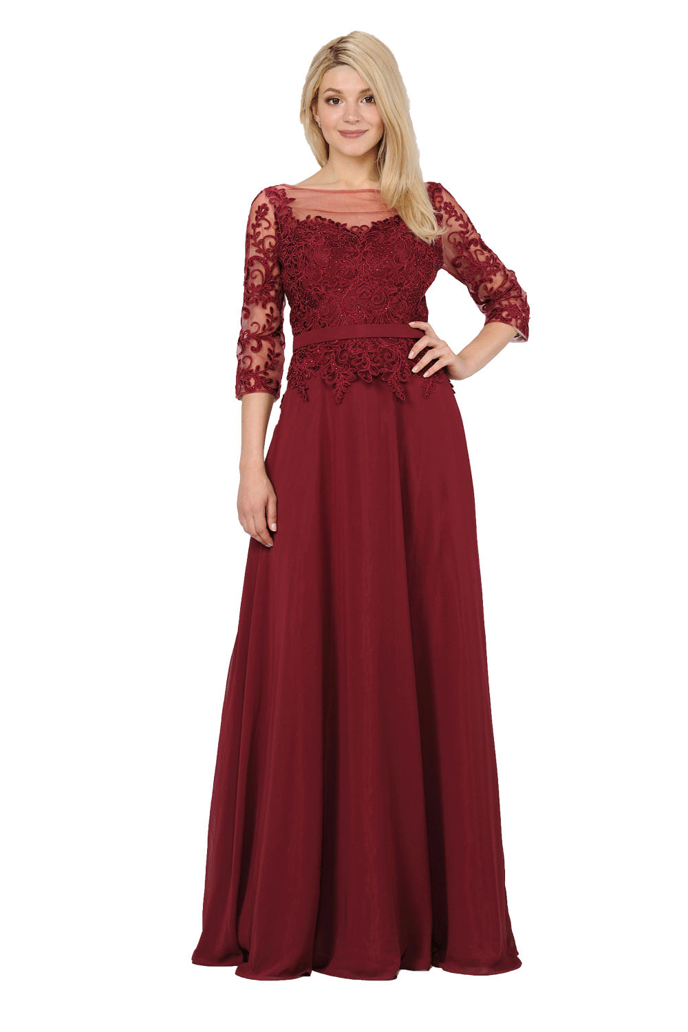 Poly USA 7598 Long Chiffon Dress with Sheer Lace Sleeves