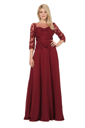 Poly USA 7598 Long Chiffon Dress with Sheer Lace Sleeves