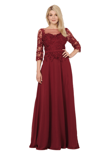 Poly USA 7598 Long Chiffon Dress with Sheer Lace Sleeves
