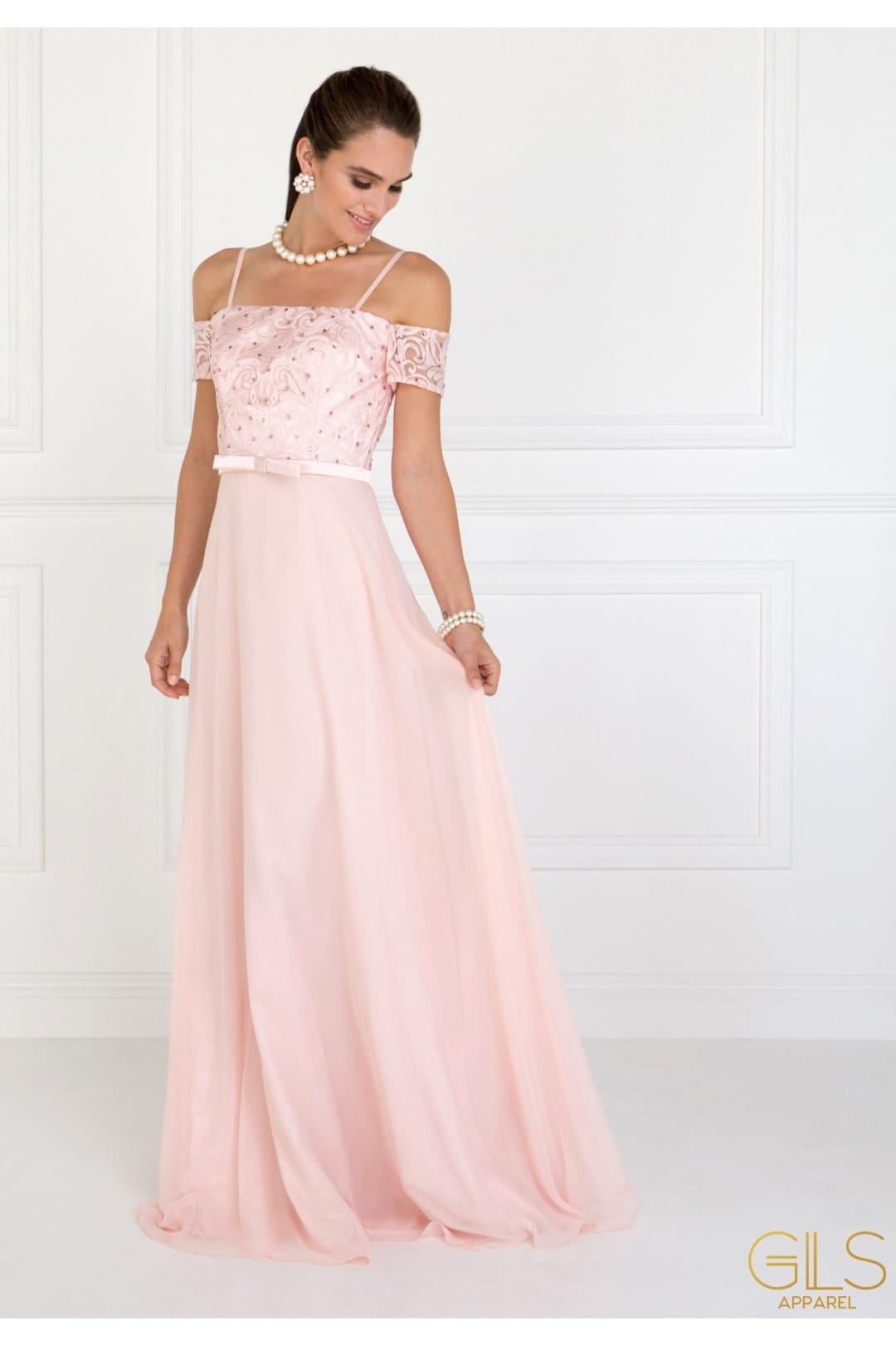 Long Blush Cold Shoulder Dress with Embroidery by Elizabeth K-Long Formal Dresses-ABC Fashion