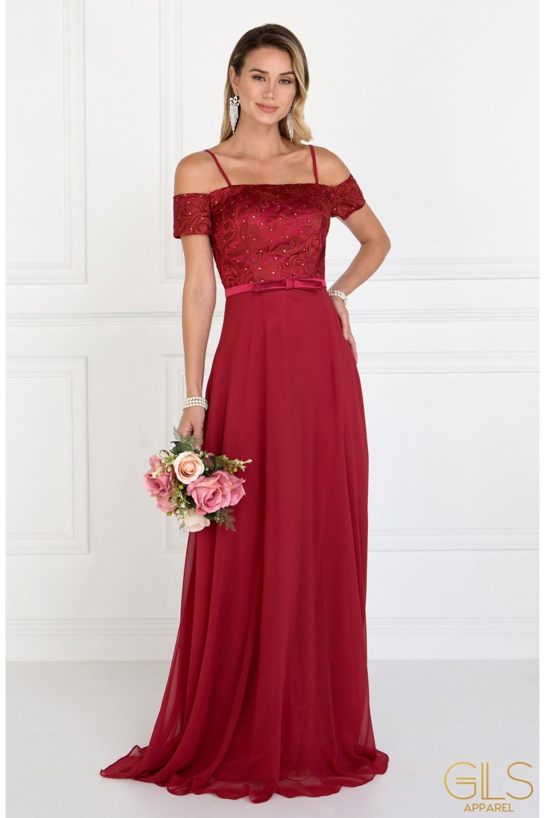 Long Blush Cold Shoulder Dress with Embroidery by Elizabeth K-Long Formal Dresses-ABC Fashion