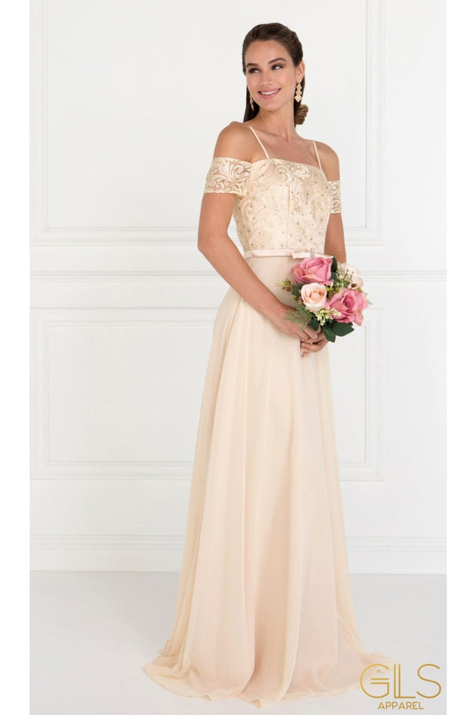 Long Blush Cold Shoulder Dress with Embroidery by Elizabeth K-Long Formal Dresses-ABC Fashion