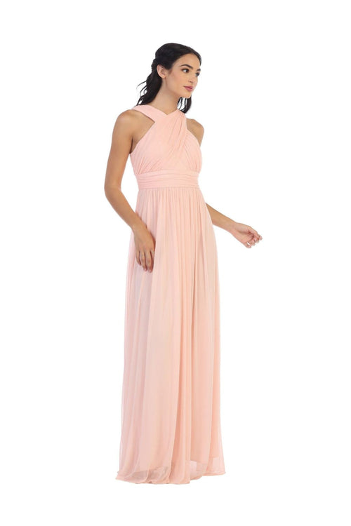 Long Criss Cross Halter Bridesmaid Dress - The Dress Outlet