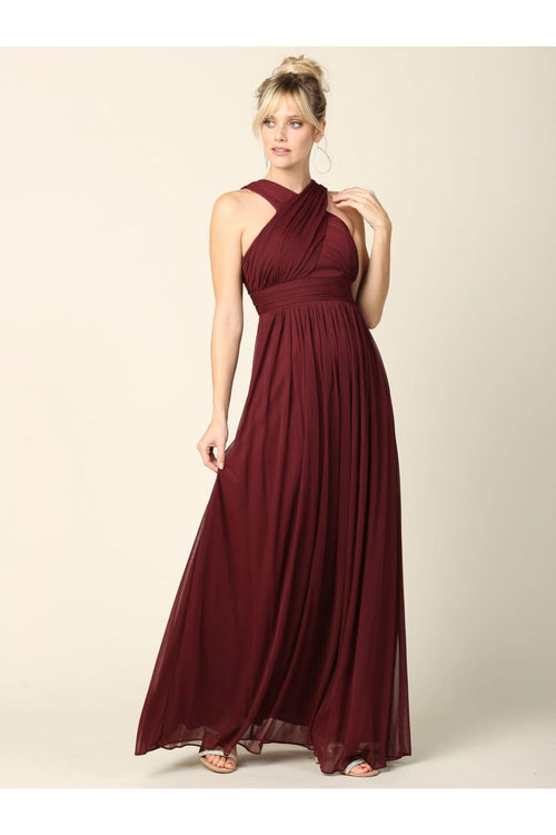 Long Criss Cross Halter Bridesmaid Dress - The Dress Outlet