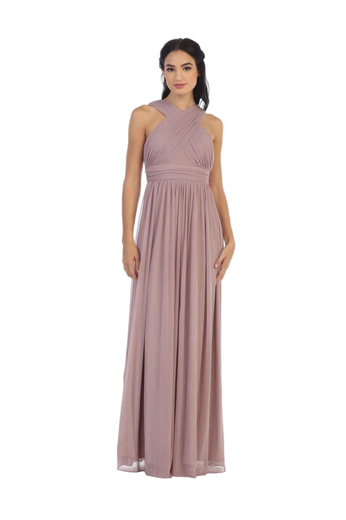 Long Criss Cross Halter Bridesmaid Dress - The Dress Outlet