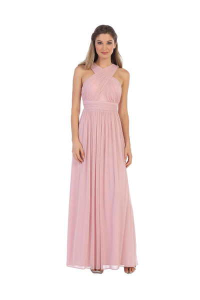 Long Criss Cross Halter Bridesmaid Dress - The Dress Outlet