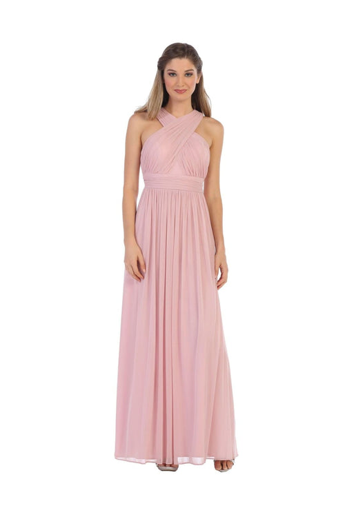 Long Criss Cross Halter Bridesmaid Dress - The Dress Outlet
