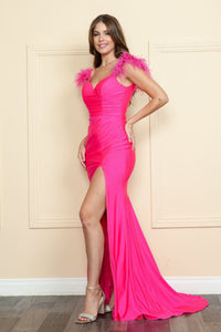 Long Dresses For Prom W/Detechable Feathers - HOT PINK / XS